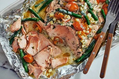 Coconut-Dill Salmon With Green Beans and Corn Recipe Coconut-dill Salmon With Green Beans And Corn, Salmon With Green Beans, Green Beans And Corn, Dill Salmon, Beans And Corn, 2023 Recipes, Lemon Green Beans, Tomato Bruschetta, Butter Pasta