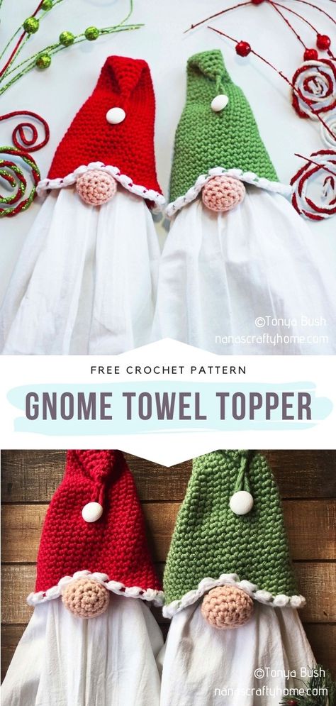 Jolly Kitchen Towel Ideas and Free Crochet Patterns Gnome Dish Towel Holder, Gnome Crochet Towel Topper, Crochet Santa Towel Topper, Crochet Gnome Towel Holder Free Pattern, Gnome Kitchen Towel Holder, Crochet Toppers For Kitchen Towels, Crochet Gnome Towel Holder, Kitchen Towel Toppers Free Pattern Sewing, Knit Towel Topper Patterns