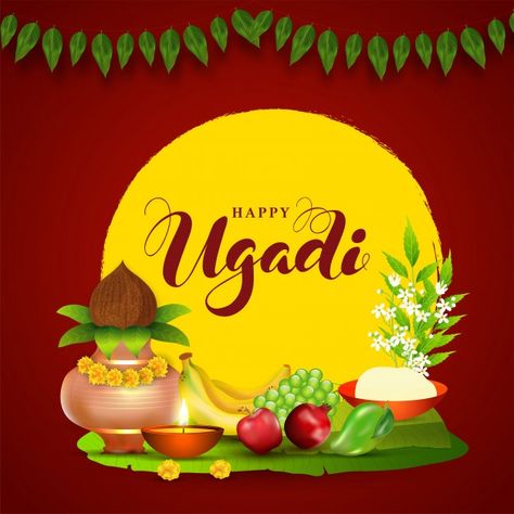 Happy ugadi illustration with copper wor... | Premium Vector #Freepik #vector #flower #leaf #fruit #celebration Ugadi Poster, Red And Yellow Background, Neem Leaves, Happy Ugadi, Salt Bowl, Broken Screen Wallpaper, Ganesh Wallpaper, Festival Background, Kids Growing Up