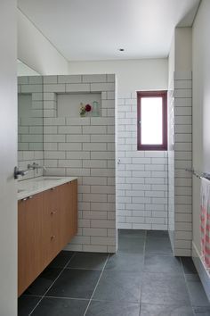 Subway tile with gray grout + large slate floor tiles White Subway Tile Bathroom, Restroom Remodel, Half Bathroom Remodel, Subway Tiles Bathroom, White Subway Tiles, Revere Pewter, Bathroom Tile Designs, White Subway Tile, Subway Tiles