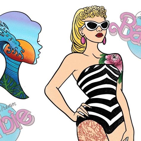 Barbie Pinup Tattoo, Tattooed Barbie, Pinup Tattoos, Barbie Tattoo, 2023 Tattoo, Tattoo Reference, Barbie Barbie, Pin Up Tattoos, Instagram Tattoo