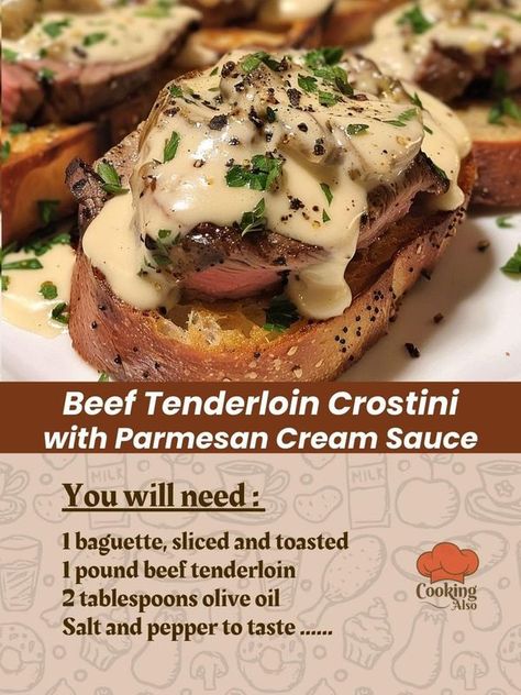 Beef Tenderloin Crostini, Tenderloin Crostini, Parmesan Cream Sauce, Creamy Parmesan, Grandmas Recipes, Beef Tenderloin, Beef Dinner, Italian Desserts, Beef Steak