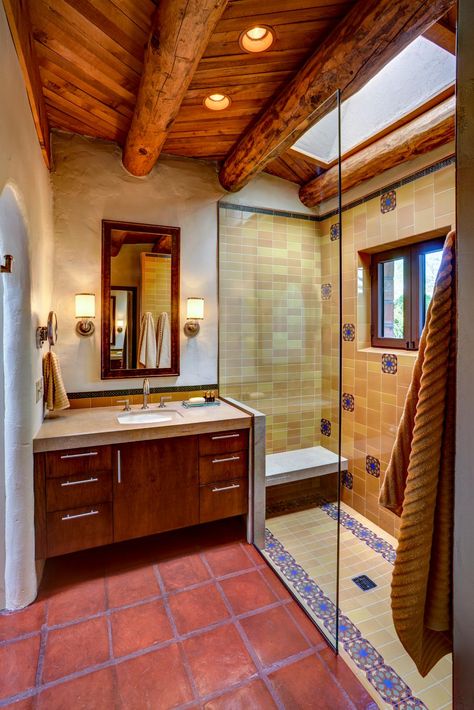 Daltile tiles, chosen by Arizona designer Lori Carroll for this transitional bathroom makeover, were in keeping with the Southwestern style of the house. Southwest Bathroom, Southwestern Bathroom, Makeover Kamar Mandi, Mexican Bathroom, Mediterranean Bathroom, Adobe Home, Historic Renovation, Taos New Mexico, Small Bathroom Makeover