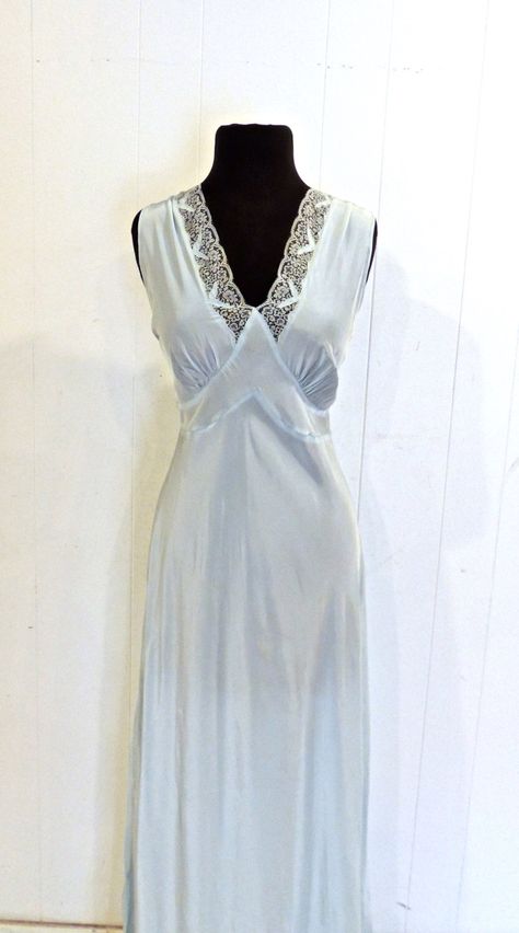 vintage ice blue nightgown - 1930s rare Seamprufe lacy lingerie gown negligee by mkmack on Etsy https://www.etsy.com/listing/227175028/vintage-ice-blue-nightgown-1930s-rare Blue Vintage Nightgown, 1930s Nightwear, 1930s Nightgown, Padme Costume, Cute Nightgowns, Blue Nightgown, Long Goodbye, Beautiful Nightgown, Blithe Spirit