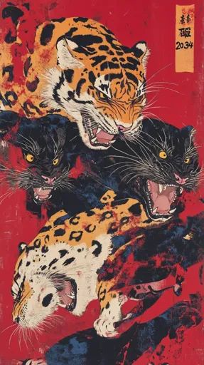 ↑↑↑ Larger size on website 🔸 A vibrant, almost abstract, artwork depicts three fierce felines against a bold red background. The Tiger Japanese Wallpaper, Japanese Tiger Art, Panther Drawing, Colors Japanese, Japanese Tiger, Tiger Wallpaper, Greek Mythology Tattoos, Vintage Book Cover, Desktop Wallpaper Art