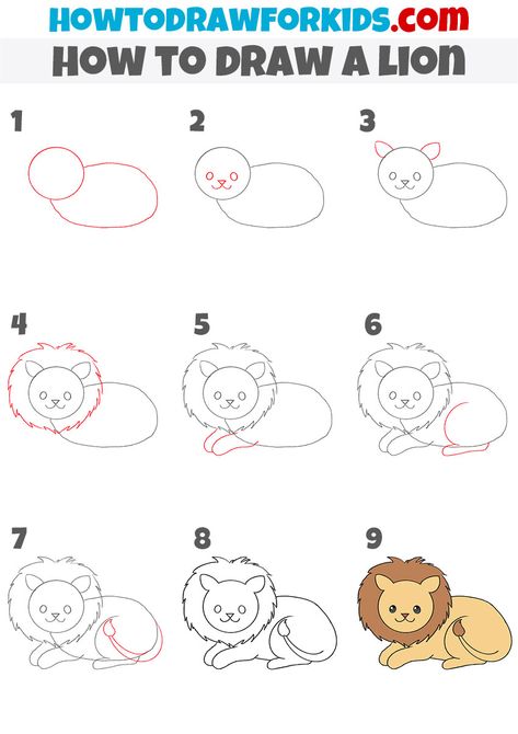 How to Draw a Lion - Easy Drawing Tutorial For Kids How To Draw Lion, How To Draw A Lion, Lion Drawing Easy, Lion Drawings, Lion Drawing Simple, Lions For Kids, Christmas Drawings For Kids, Draw A Lion, Art Steps