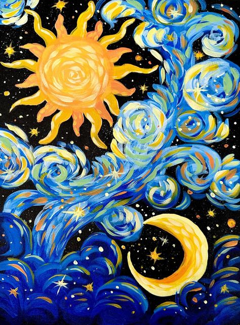 Medium Size Painting Ideas, Balance Painting Art, Sun And Moon Wall Painting, Simple Small Acrylic Paintings, Small Boho Paintings, Sun Moon Painting Acrylic, Painting Ideas On Canvas Large, Easy Gradient Painting, Sun Moon Painting Easy