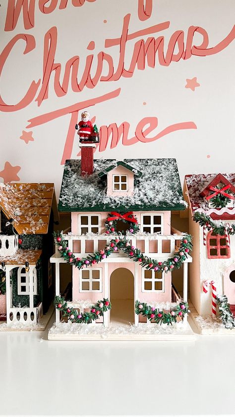 Kara Cofield | DIY Christmas village houses 🏠 I’ve been seeing the most adorable Christmas houses online and really wanted to grab a few to decorate with... | Instagram Christmas Glitter Houses, Painting Ceramic Christmas Houses, Anthro Christmas Village, Diy Christmas Houses Village Wood, Christmas House Painting Craft, Christmas House Painting Ideas, Diy Christmas Town Houses, Christmas Village Decorations Diy, Christmas Diy House