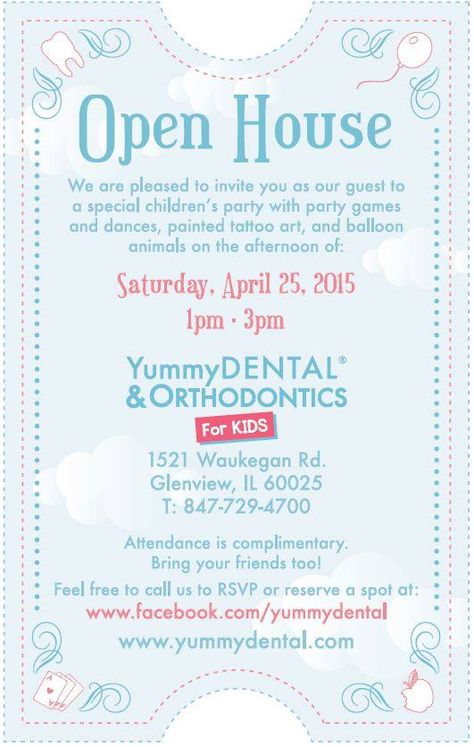 YOU are invited to our open house Saturday, April 25th! Come check out our new office in Glenview! www.yummydental.com Grand Opening Ideas, Painting Tattoo, New Office, Balloon Animals, Dental Office, April 25, Childrens Party, You Are Invited, Grand Opening