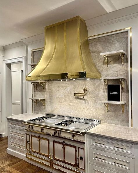 Gold Range Hood, Gold Shelving, Artistic Kitchen, Parisian Kitchen, Kitchen Hood Design, Ringing In The New Year, Modern Kitchen Cabinet Design, Dream Kitchens Design, Kitchen Range Hood