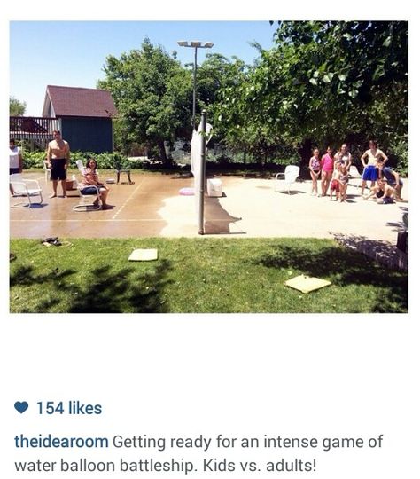 Water balloon battleship. Sit in chairs on either side of a sheet draped over a volleyball net. Then toss water balloons over!! Water Balloon Battleship, Human Battleship Game Water Balloons, Vbs Games, Dan In Real Life, Summer Outdoor Games, Before Night Falls, Easy Camping Hacks, Battleship Game, Camp Games