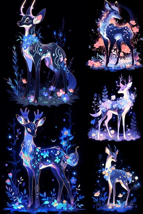 Mythical Woodland Creatures, Magical Deer Art, Mythical Deer Creatures, Crystal Animals Art, Magical Forest Animals, Fantasy Animal Concept Art, Deer Art Drawing, Mythical Deer, Purple Creature