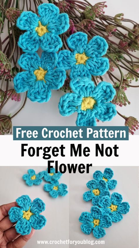 You can use leftover yarns to make this Forget Me Not crochet flower and it’s perfect for any embellishment. Forget Me Not Crochet Pattern Free, Crochet Lily Applique, Forget Me Knot Crochet Pattern, Crochet Flowers Beginner, Flower Wreath Crochet, Crochet Forgetmenot, Crochet Flower Easy Free Pattern, Crochet Flower Petals Free Pattern, Crochet Embellishments Free Pattern