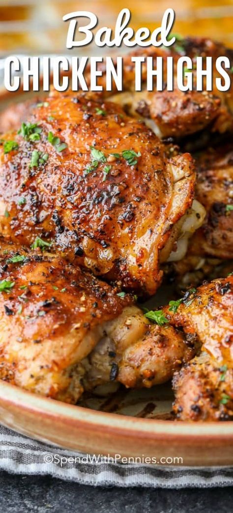 These oven baked chicken thighs are a delicious chicken dinner recipe that is both healthy and inexpensive. Serve this easy chicken recipe with mashed potatoes and roasted veggies for the perfect dinner recipe! #spendwithpennies #chicken #chickendinner #chickenthighs #bakedchicken #bakedchickenthighs Recipe With Mashed Potatoes, بطاطس مهروسة, Lemon Chicken Thighs, Chicken Thights Recipes, Crispy Baked Chicken Thighs, Oven Baked Chicken Thighs, Chicken Dinner Recipe, Easy Chicken Recipe, Delicious Chicken Dinners