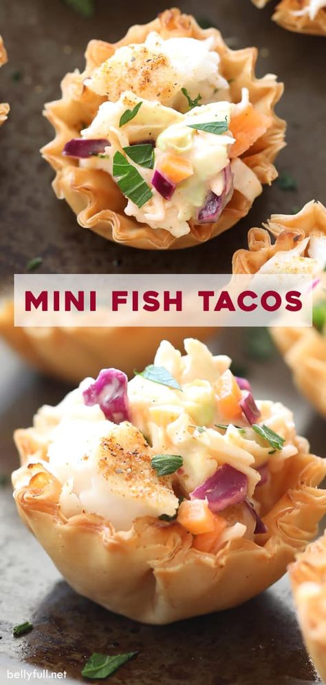 Served as an appetizer in mini fillo shells, these Mini Fish Tacos will be a hit at your next get together! The fish is baked, not fried, for a healthier version. #fishtacos #fishtacoshealthy #fishtacoswithcabbageslaw Fish Appetizers Parties, Fish Finger Food Ideas, Appetizers With Seafood, Fish Themed Appetizers, White Fish Appetizers, Fish Hors D’oeuvres, Fish Brunch Ideas, Appetizers For Fish Fry Party, Fish Bites Appetizers