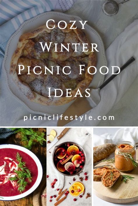 These cozy winter picnic food ideas will inspire you to pack the picnic basket and hit the great outdoors no matter the weather. From winter warming picnic soups to seasonal salads and picnic sandwiches. Winter Bonfire Food, Outdoor Winter Picnic, Hot Picnic Food, Picnic Hamper Ideas, Indoor Winter Picnic Ideas, Cold Weather Picnic Food, Outdoor Winter Party Food Ideas, Winter Picnic Ideas Outdoors, Hot Picnic Food Ideas