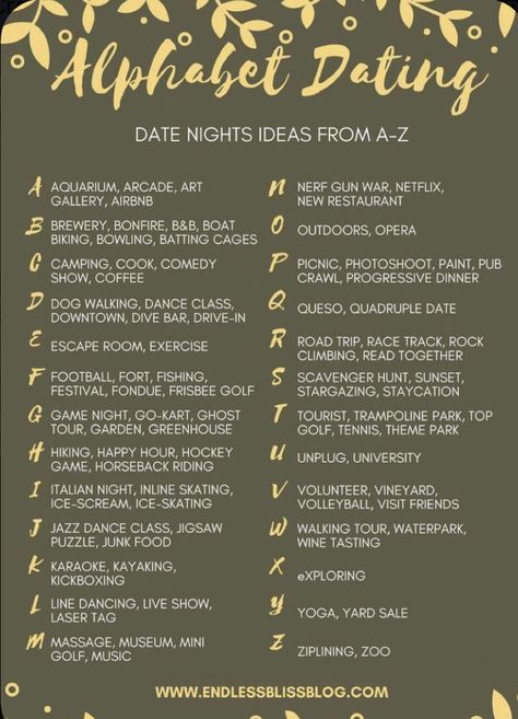 Date Ideas For Boyfriend, Alphabet Dating, Creative Date Night Ideas, Romantic Date Night Ideas, Creative Dates, Couple Activities, Cute Date Ideas, Date Night Ideas, Date Ideas