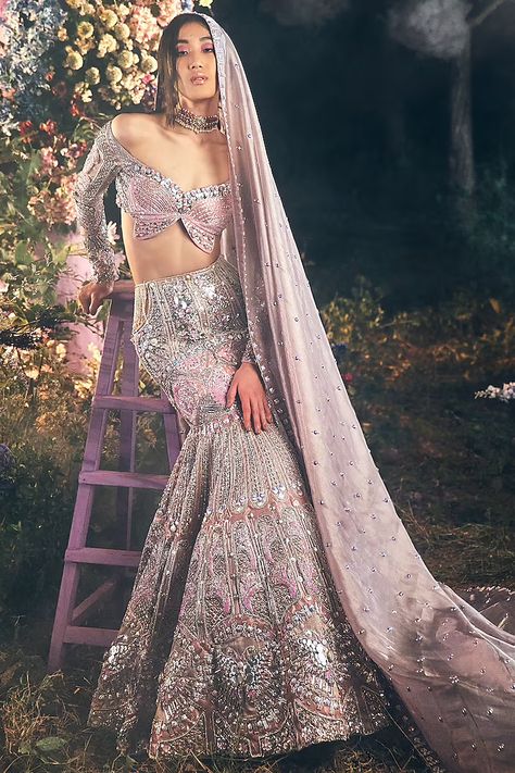 Lilac Silk Embroidered Mermaid-Cut Lehenga Set Design by Papa Don't Preach by Shubhika at Pernia's Pop Up Shop 2023 Papa Don't Preach, Metal Embellishments, Organza Sleeves, Embroidered Lehenga, Indian Bridal Outfits, Pink Bridal, Indian Wedding Outfits, Teal And Pink, Indian Wedding Dress