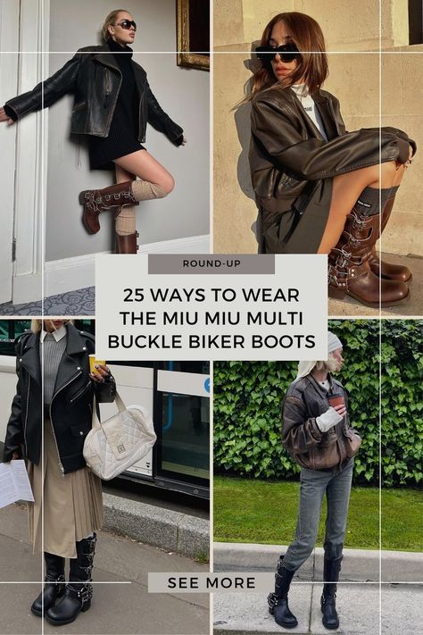 25 ideas to style the Miu Miu multi buckle biker boots Moto Booties Outfit, Biker Boots Fall 2023, Dress With Biker Boots, Jeans And Biker Boots Outfit, Bike Boots Woman Outfit, Black Motorcycle Boots Outfit, Biker Shoes Women Outfit, Knee High Motorcycle Boots Outfit, Miu Miu Boots Outfit Winter