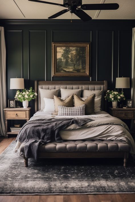 40+ Moody Romantic Bedroom Ideas To Unwind In Moody Bedroom Upholstered Bed, Primary Bedroom Dark Walls, Statement Wall In Bedroom, Scottish Inspired Bedroom, Bedroom With Wainscoting Master, King Size Bed Bedding Ideas, Moody Bedding Bedroom, Moody Bedding Bedding & Blankets, Moody Modern Decor