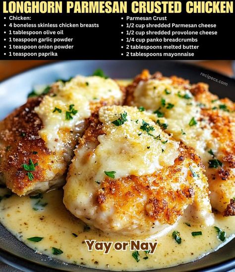 Gourmet Chicken Dinner Recipes, Longhouse Steakhouse Parmesan Chicken, Pioneer Woman Chicken Parmesan, Parmesan Chicken Longhorn Copycat, Lemon Pecorino Crusted Chicken, Outback Parmesan Crusted Chicken, Chicken Crusted Parmesan, Parmesan Cheese Chicken, Copycat Longhorn Chicken