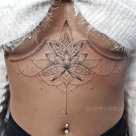 Lotus Flower Sternum Tattoo, Flower Sternum Tattoo, Flower Tattoo Ideas For Women, Lotus Flower Tattoo Ideas, Mandala Sternum Tattoo, Underboob Tattoo Designs, Flower Tattoo Ideas, Foot Tattoos For Women, Tattoos For Women Flowers