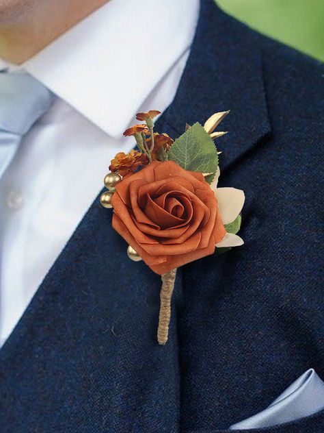 Burnt Orange Boutonniere, Burnt Orange Bridal Bouquet, Orange Boutonniere, Orange Bridal Bouquet, Wedding Flower Guide, Corsage And Boutonniere Set, Orange Bridesmaid, Rose Petals Wedding, Corsage And Boutonniere