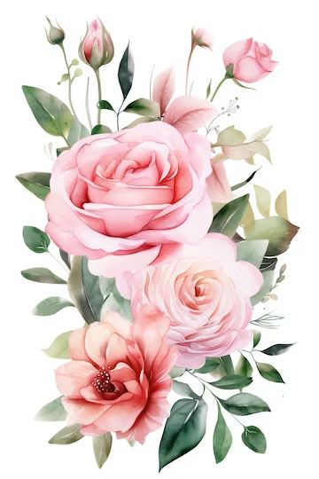 Premium Photo | A bouquet of roses with green leaves and pink roses. Leopard Artwork, A Bouquet Of Roses, Photo Bouquet, Flower Drawing Design, Bouquet Of Roses, Watercolor Images, Floral Image, Flower Printable, Winter Flowers