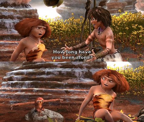 The Croods How long have you been alone? Belt lmfao!!! Thunder Sisters Croods 2, Guy And Eep Croods Fanart, Croods Halloween Costume, Croods Eep X Guy, Eep Crood, The Croods, Dreamworks Movies, Movie Memes, Dreamworks Animation