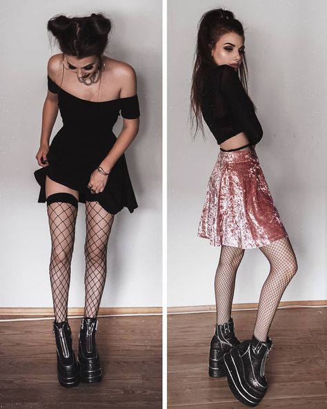 Fishnet Tights Outfit Dresses, Dress With Fishnet Tights, Dress With Fishnets, Fish Net Tights Outfit, Outfit Informal, Rachel Green Outfits, Goth Outfit Ideas, September Fashion, Look Rock