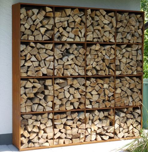 There are so many satisfying ways to neatly stack firewood—on shelfs, in open-air sheds, under tarpaulins. Here are ten of our favorite weatherproof ways to stack logs and kindling this winter: Corten Steel Garden, Firewood Storage Outdoor, Outdoor Firewood Rack, Firewood Racks, Firewood Shed, Rustic Landscape, Firewood Rack, Storage Cubes, Wood Store