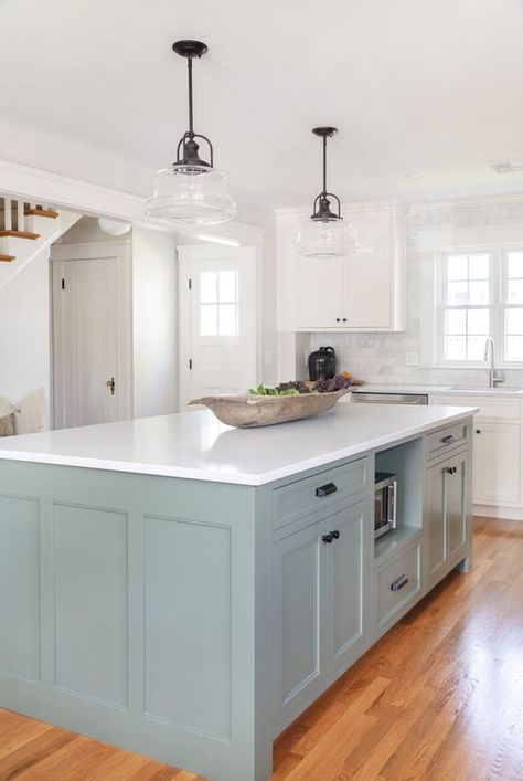 Kitchen Island Colors With White Kitchen, Blue Green Kitchen Cabinets, Kitchen Island Colors, Colored Island, Hanging Bookshelf, Blue Green Kitchen, Classic Kitchen Cabinets, Green Kitchen Island, Open Bookshelf