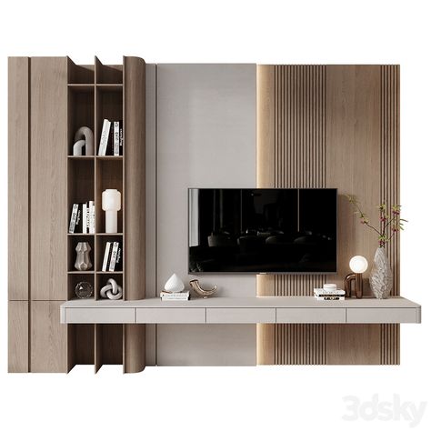 TV Shelf KTV140 - TV Wall - 3D model Modern Tv Shelf Design, Minimalistic Tv Cabinet, Tv Wooden Panel Tv Walls, Tv Backdrop Design Tv Walls, Hotel Tv Wall, Modern Tv Shelf, Living Room Shelf Design, Back Drop Tv, Tv Backdrop Design