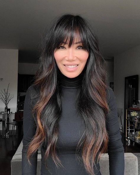 Whispy Front Bangs Long Straight Hair, Long Hair Brunette With Bangs, Bangs Dark Hair Long, Long Layer Blowout Hairstyles, Brown Bangs Black Hair, Dark Hair Balayage Bangs, Edgy Long Haircut Straight, Dark Balayage With Bangs, Long Dark Hair With Bangs Round Face