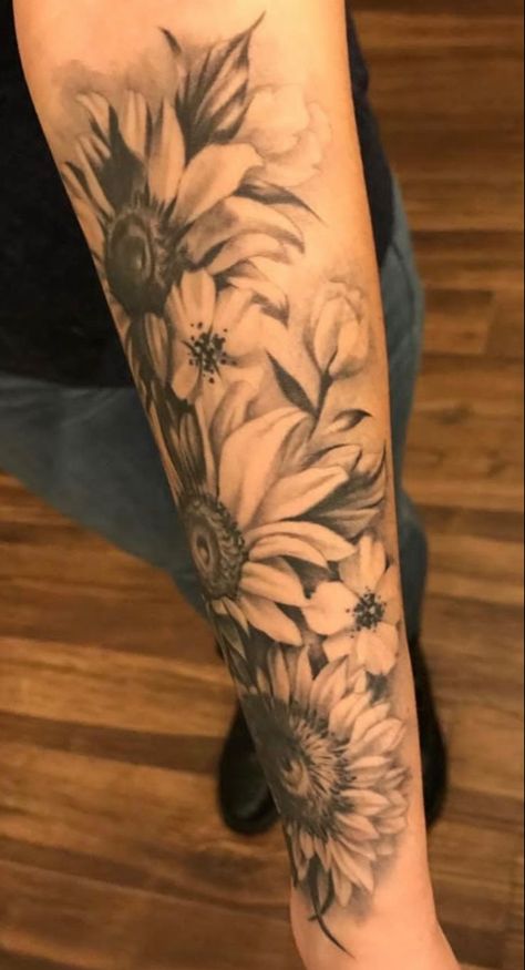 Inspirational Sleeve Tattoos For Women, Negative Space Name Tattoo, Realism Tattoo Sleeve Women, Quarter Sleeve Tattoos For Women, Realistic Flower Tattoo, Pretty Flower Tattoos, Sunflower Tattoo Sleeve, Sunflower Tattoo Shoulder, Arm Sleeve Tattoos For Women