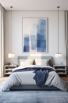 Master Bedrooms Decor Pastel, Blue Minimalist Bedroom, Blue Bedroom Minimalist, Scandanavian Interiors Bedroom, Blue Bedroom Ideas For Couples, Retreat Bedroom, Scandinavian Interior Bedroom, Japan Room, Beautiful Bed Designs