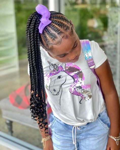 Kids Braided Ponytail With Curls, Kids Feed In Ponytail, Kid Hairstyles Black Braids, Kids Braided Hairstyles Ponytail, Hairstyles For 9 Year Girl Black, Braid Ponytail For Black Kids, Kid Feed In Braid Styles, Cornrow Ponytail Hairstyles For Kids, Easy Braid Styles For Black Girls Kids