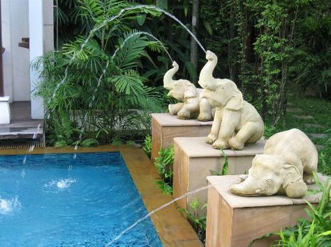 Elephant fountains at the Pool Hotels Exterior, Elephant Fountain, Pool Sculpture, Elephant Home Decor, Fountain Design, Backyard Water Feature, Waterfalls Backyard, Small Fountains, Pond Design