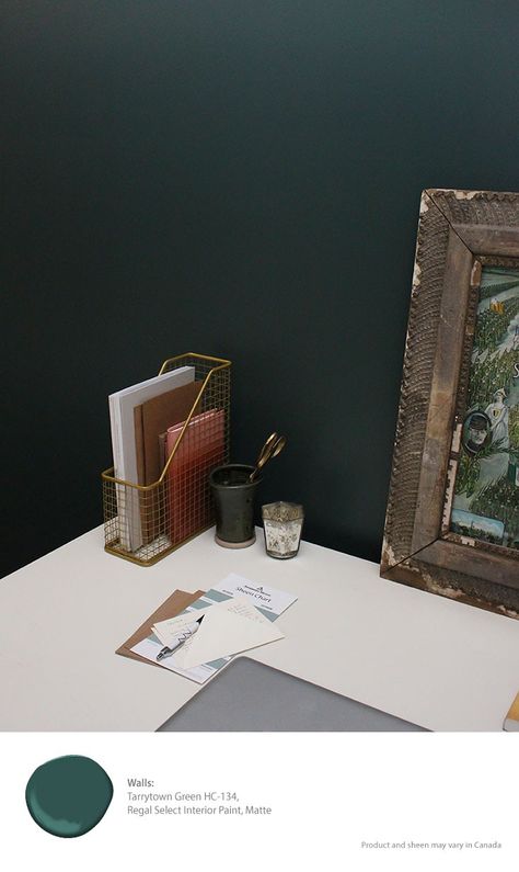 This little office/laundry room got a facelift thanks to Benjamin Moore Regal Select paint in Tarrytown Green, Matte finish.  This paint is easy to clean and super durable, too! [ad] Tarrytown Green Benjamin Moore, Tarrytown Green, Green Benjamin Moore, Dark Walls, Color Palate, Apartment Style, Green Decor, Mud Room, Office Inspiration