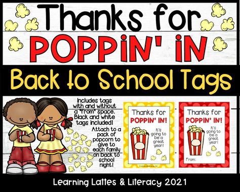 Gift Tags For Students, Preschool September, Student Treats, Student Gift Tags, Teacher Gift Tags, Popcorn Gift, Back To School Night, Microwave Popcorn, School Treats