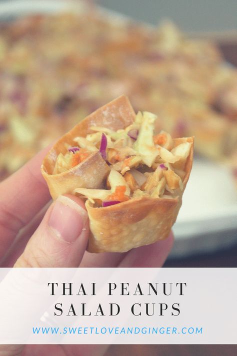 Thai Peanut Salad Wonton Cups, Thai Appetizers, Wonton Cups Appetizers, Thai Peanut Salad, Thai Appetizer, Salad Cups, Peanut Salad, Wonton Cups, Phyllo Cups