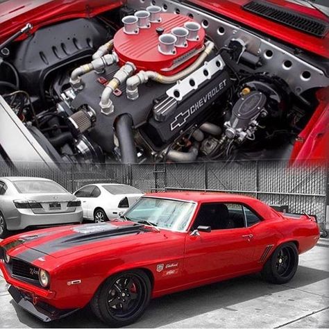 @datsikk | '69 Camaro 👺 Red Chevrolet, Camaro Engine, Classic Muscle Cars, Hot Rods Cars Muscle, Car Black, Chevy Muscle Cars, Black Hood, Custom Muscle Cars, Old School Cars