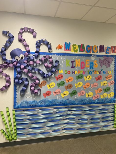 Ocean Themes Classroom, Under The Sea Boards Preschool, Water Theme Bulletin Board Preschool, Classroom Decor Sea Theme, Under The Sea Theme Preschool Decoration, Deep Sea Classroom Theme, Water Decorations Classroom, Sea Themed Classroom Door, Under The Sea Theme Preschool Decoration Classroom Door