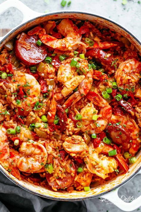 An authentic Creole Jambalaya recipe! A delicious one-pot meal coming to you from New Orleans is pure comfort food filled to the brim with chicken, shrimp, andouille sausage, rice, seasonings, spices and incredible flavours! Ready and on the table in 45 minutes! | cafedelites.com Seafood Jambalaya Recipe, Authentic Creole Jambalaya Recipe, Creole Jambalaya Recipe, Seafood Jambalaya, Creole Jambalaya, Jambalaya Recipe Easy, Cajun Dishes, Jambalaya Recipe, Shrimp And Rice