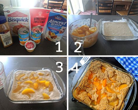 This easy low calorie peach cobbler recipe is also low in fat! Using heart healthy Bisquick, almond milk, cinnamon, peaches, and zero calorie sugar, it's only 1 gram of fat, low in sugar, and a healthy treat for any day of the week. Print the recipe today! Cinnamon Peaches, 100 Calorie Desserts, Healthy Peach Cobbler, Peach Cobbler With Bisquick, Low Calorie Cookies, Homemade Pie Recipes, Dinner Recipes Healthy Family, Low Fat Desserts, Low Calorie Recipes Dessert