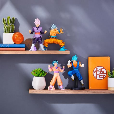 You're gonna need more shelf room (just Saiyan.) | Shop Dragon Ball Z Collectible Figures Dragonball Z Room Ideas, Dragonball Room Ideas, Dragon Ball Nursery, Dragon Ball Room Decor, Dragon Ball Z Room Decor Ideas, Dragon Ball Z Bedroom Ideas, Dragon Ball Z Room Ideas, Dragon Ball Z Decorations, Dragon Ball Room