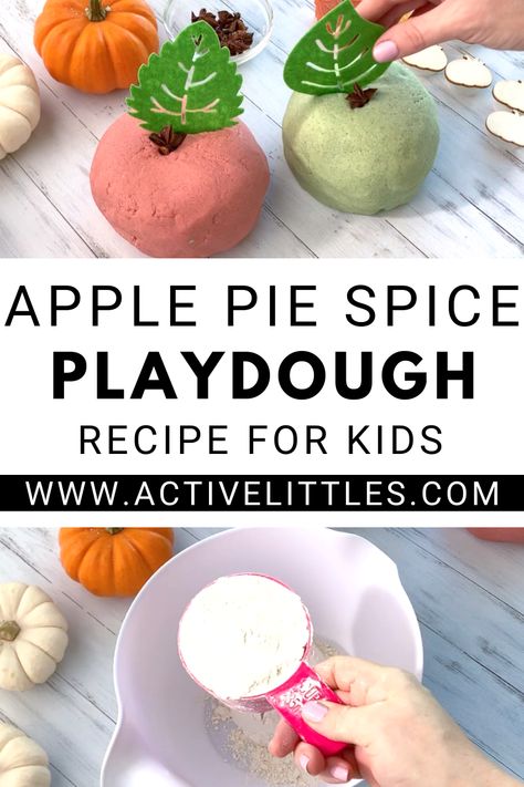 This DIY scented Playdough recipe is perfect for the holidays! Its easy to make and fun for toddlers, preschoolers and kindergarteners to enjoy with some creative play! No Cook Apple Playdough, Apple Pie Playdough Recipe No Cook, No Cook Apple Pie Playdough, Apple Pie Playdough, Preschool Playdough, Best Playdough Recipe, Kindergarten Center, Cooked Playdough, Scented Play Dough