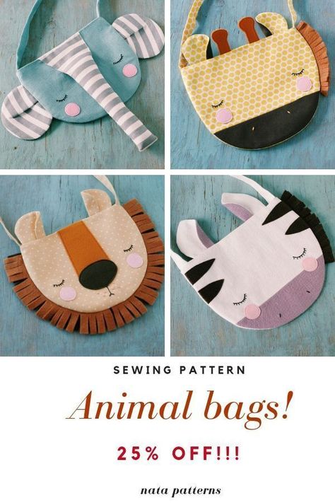 Animal Bags, Amigurumi Giraffe, Projek Menjahit, Elephant Bag, Bag Sewing Pattern, Animal Bag, Animal Birthday Party, Kids' Bag