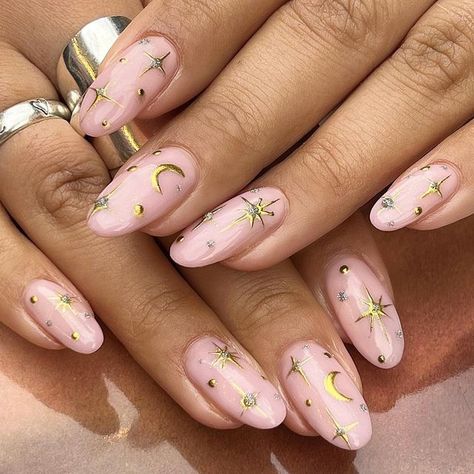 Moon Stars Nails, Moon And Star Nail Designs, Stars And Moon Nails, Pink Nails With Stars, Star And Moon Nails, Moon Star Nails, Moon And Stars Nails, Moon And Star Nails, Gold Star Nails