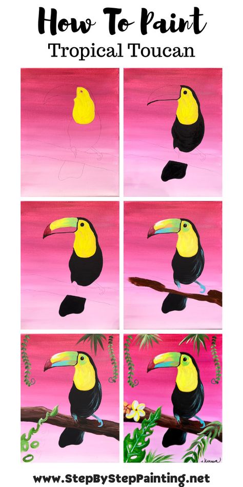 Toucan Painting Easy, Toucan Acrylic Painting, How To Draw A Toucan, Sip And Paint Ideas For Kids, Jungle Painting Acrylic Easy, Paint Ideas Step By Step, Tropical Painting Ideas, Sip And Paint Ideas For Beginners, Toucan Drawing